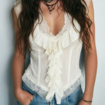 Boho Romantic Ivory Lace Ruffled Corset Sleeveless Blouse