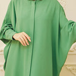 Batwing Sleeves Loose Buttoned Muslim Solid Color Split-Side Round-Neck Maxi Dresses