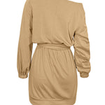 Long Sleeves Loose Elasticity Solid Color Tied Waist One-Shoulder Mini Dresses