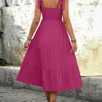 A-Line High Waisted Contrast Color Jacquard Pleated Split-Joint Adjustable Straps Midi Dresses
