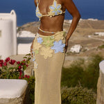 Luxe Knit Crochet Handmade Flower Beaded Waist Stretch Maxi Skirt