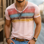 Men's Retro Casual Shabby Striped Printed V-Neck Short Sleeve T-Shirt