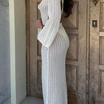 Margovil V Neck Long Sleeves Backless Crochet Hollow Out Knit Maxi Dress