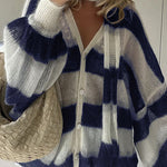 Margovil Lantern Sleeves Button Down Color Block Stripes Sweater with Scarf