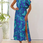 Off Shoulder Side Slit Floral Print Maxi Dress