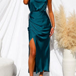 Margovil Turtleneck Sleeveless Waisted Slit Midi Satin Dress