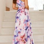 Margovil One Shoulder Sleeveless Cut Out Floral Print Pleated Maxi Dress