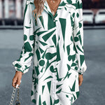 Loose Puff Sleeves Printed Split-Joint Lapel Mini Dresses Shirt Dress