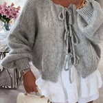 Stylish Solid Color Crew Neck Lace-up Sweater