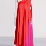 High Waisted Loose Asymmetric Contrast Color Split-Joint One-shoulder Maxi Dresses