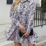 A-Line Long Sleeves Buttoned Pleated Snakeskin Printed Split-Joint Lapel Mini Dresses Shirt Dress