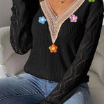 Black Crochet Flower V Neck Pullover Sweater