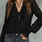 Vintage Black Ruffle Long Sleeve Blouse With Lace Trim