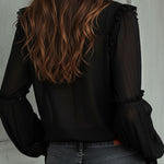 Vintage Black Ruffle Long Sleeve Blouse With Lace Trim