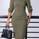 Bodycon Half Sleeves Pleated Solid Color Split-Back Split-Joint Zipper Round-Neck Midi Dresses