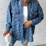 Valentines Blue Turndown Collar Long Sleeve Jacquard Casual Pocket Denim Cardigans
