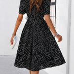 A-Line Elasticated Waist Contrast Color Polka Dot Split-Joint Tied Waist Round-Neck Midi Dresses