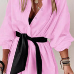 Long Sleeves Loose Buttoned Elasticity Tied Waist Lapel Mini Dresses Shirt Dress