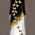 A-Line Long Sleeves Butterfly Print Pockets Round-Neck Maxi Dresses