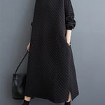 A-Line Long Sleeves Hooded Quilted Split-Side Midi Dresses