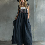 Retro Bohemian Embroidered Suspender Dark Blue Maxi Dress