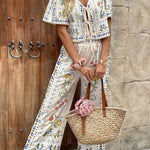 Bohemian Floral Print Tie Front Crop Top & Wide Leg Pants Two-Piece Set