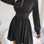 A-Line Elasticated Waist Hollow Solid Color Zipper Half Turtleneck Mini Dresses