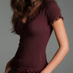 Vintage Faded Knitted Short-sleeved T-shirt With Lace Trim