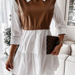 Long Sleeves Loose Contrast Color Pleated Split-Joint Lapel Mini Dresses