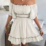 A-line High Waisted Elasticity Pleated Ruffle Trim Solid Color Square-neck Mini Dresses