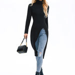 Simple Skinny Split-Side Solid Color High-Neck T-Shirts Tops