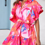 Loose Ruffle Sleeves Buttoned Leaves Print Split-Joint Tied Waist Tie-Dyed Lapel Mini Dresses