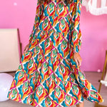 Multicolor Abstract Geometric Print Notch Neck Tiered Boho Dress