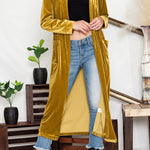 Yellow Velvet Elegant Open Front Pocket Long Cardigan