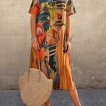 A-Line Loose Printed Round-Neck Midi Dresses