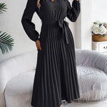 High Waisted Long Sleeves Belted Buttoned Pleated Solid Color V-Neck Maxi Dresses