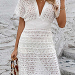 Loose Short Sleeves Hollow See-Through Solid Color Deep V-Neck Mini Dresses