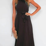 Margovil One Shoulder Sleeveless Tie Waist Ruffle Swing Dress