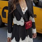 Margovil Single Button Striped Lace Trim Crop Blazer