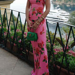 Ruffled Cap Sleeves Rose Print Maxi Cheongsam Dress