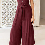 Sleeveless Spaghetti Strap V-Neck Gathered Wide-Leg Jumpsuit