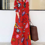 Long Sleeves Loose Buttoned Pockets Printed Lapel Maxi Dresses Shirt Dress