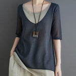 Artistic False Two Loose Ramie Cotton Half Sleeve Shirt