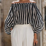 Chic Off-the-Shoulder Striped Blouse & High-Waisted Tailored Trousers Set