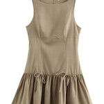 A-Line Loose Pleated Solid Color Split-Joint Zipper Round-Neck Mini Dresses