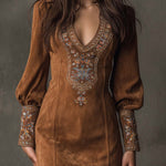 Vintage Suede Embroidered Mini Dress With Long Sleeves