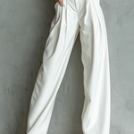 Women's White Stretch Knit Fabric Turtleneck Top & High-Waisted Wide-Leg Pants Set