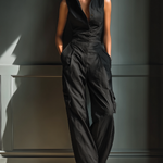 Women's Black Cotton And Linen Blend Sleeveless Collared Jumpsuit With Cargo Pockets