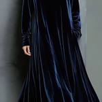 Women's Elegant Navy Blue Velvet High-neck Long-sleeved Loose-fitting Maxi Dress