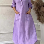 Women's Cotton and Linen Solid Color Casual Lapel Pocket Long Dress